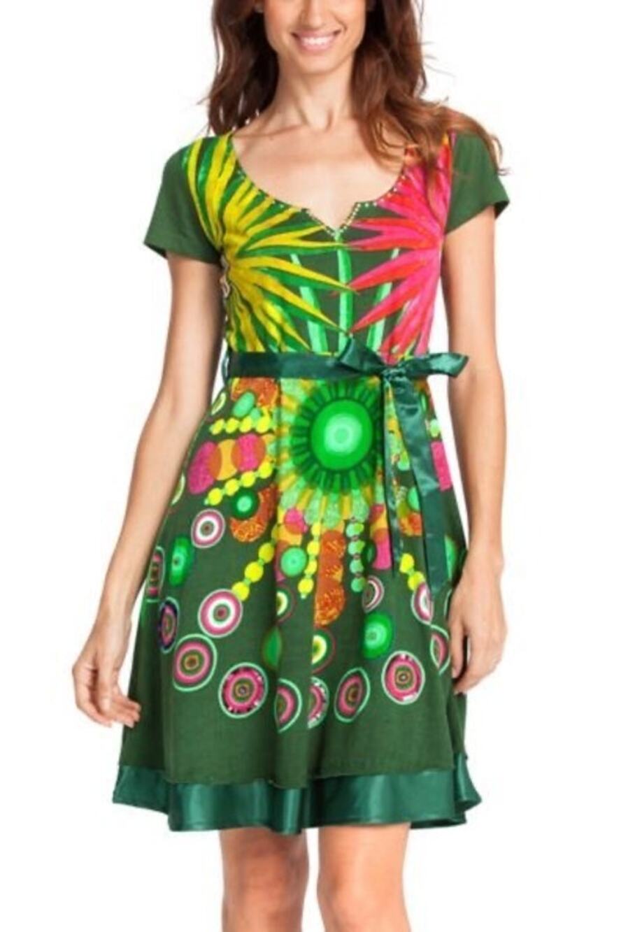 Desigual green abstract peacock short sleeve fit and flare skater dress MEDIUM